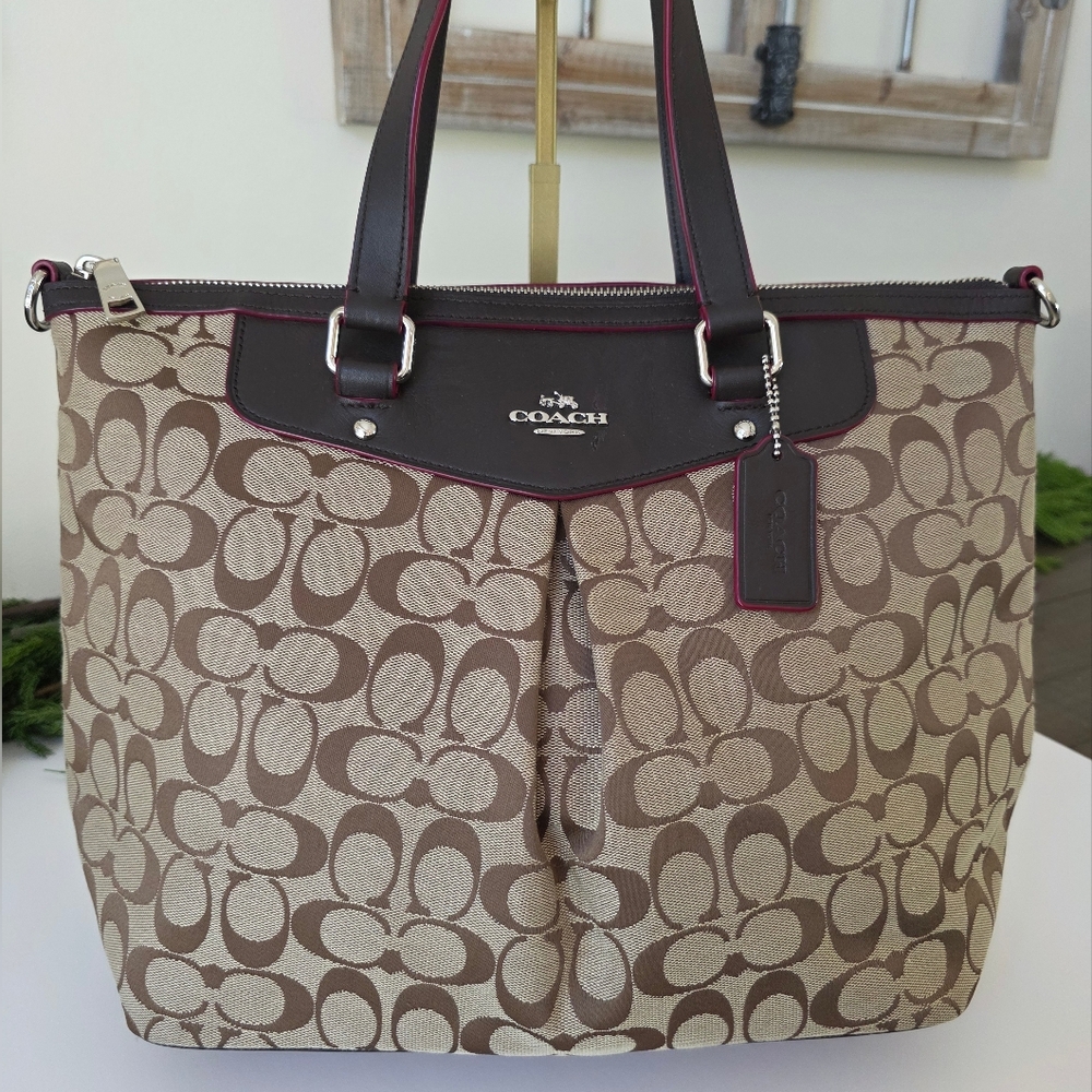 Coach Signature Pleat Tote - Khaki/Tan Canvas With Brown Leather & Pink Accents - Picture 4 of 16